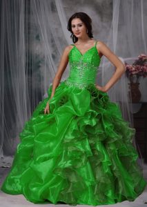Fave Green Long Organza Beading Quinceaneras Dress with Straps